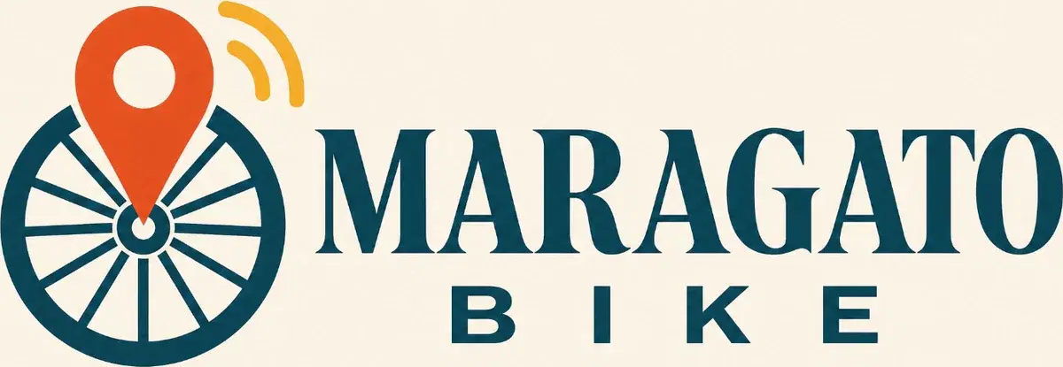 Maragato Bike brand mark: location pin, bicycle wheel and signpost